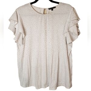 Adrianna Papell Black White Polka Dot Pleated Knit Blouse Ruffle Sleeve Size L